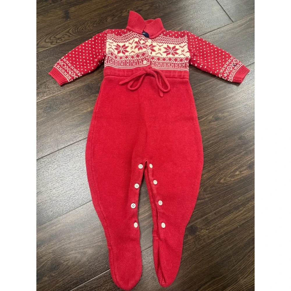 Vtg Ralph Lauren Baby Knit Romper 6-12M Red Fair Isle Snowflake Footed Jumpsuit